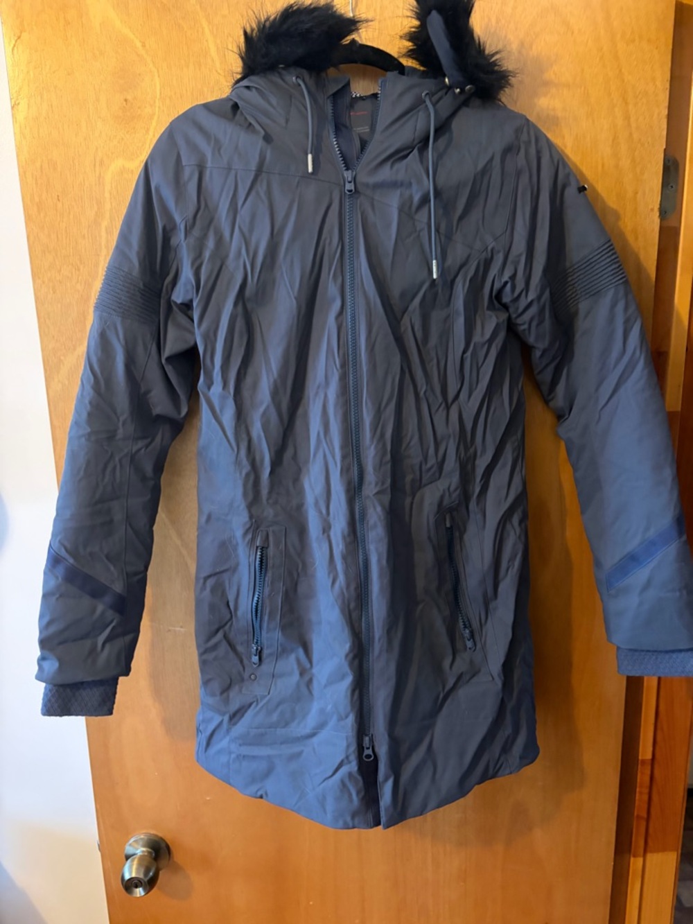 Spyder Women’s Hooded Ski Coat in Dark Blue with Black Faux Fur Trim